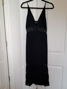 Reformation Black Midi Slip Dress with Lace Trim